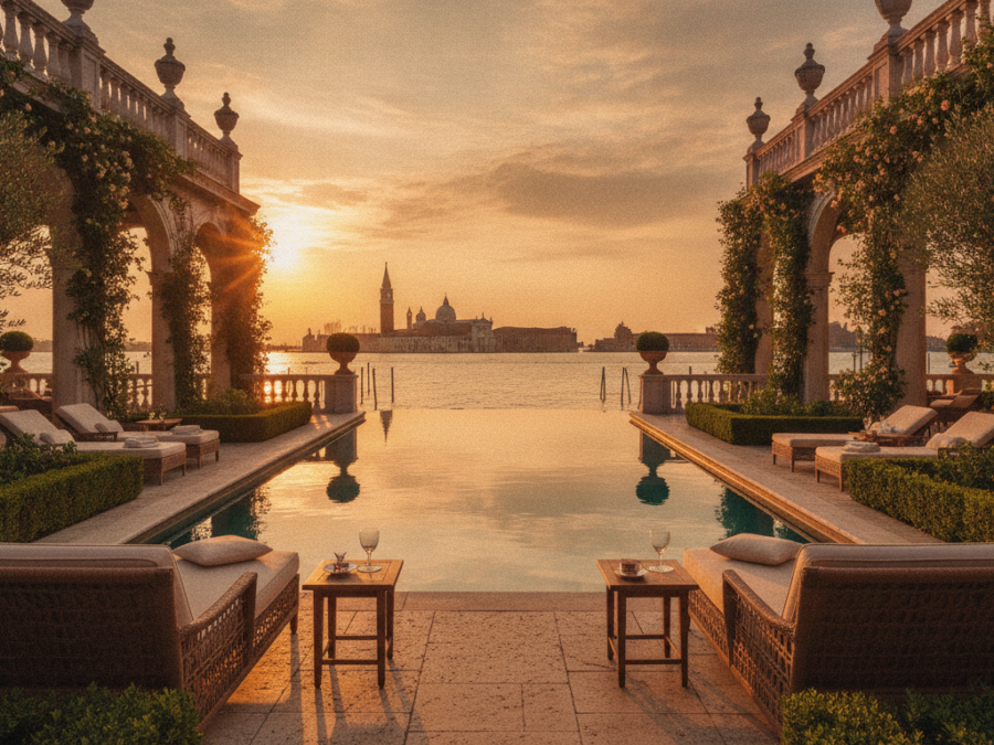 O hotel numa ilha de onde se vê Veneza inteira