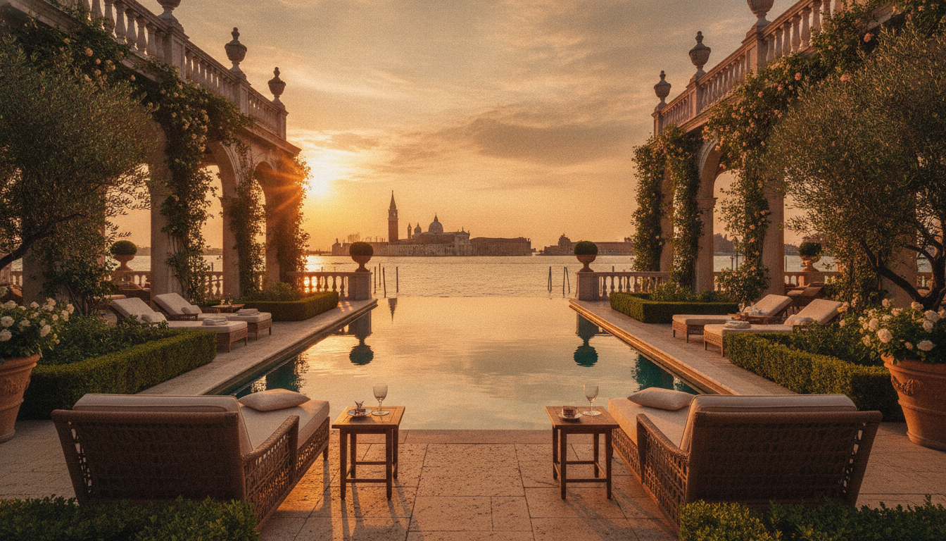 O hotel numa ilha de onde se vê Veneza inteira